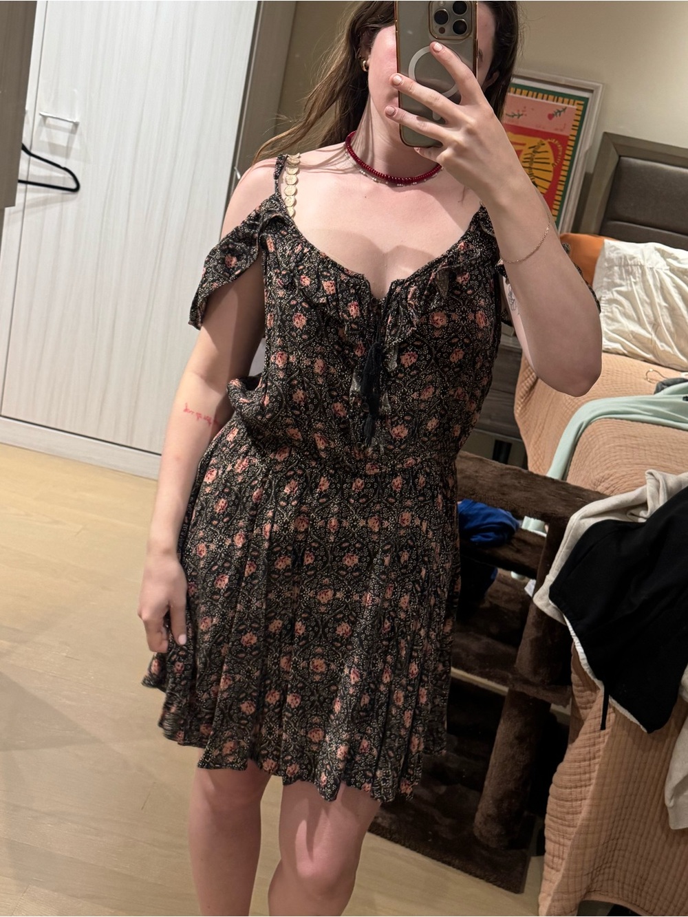 American Eagle Outfitters Black Mini Dress with Pink Floral Print